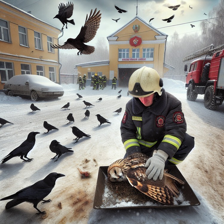Firefighters in Smolensk, Russia, rescue injured owl from crows, showing their compassion for animals in need.