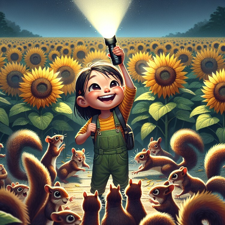 A little girl named Lily saves her town from darkness by convincing mischievous squirrels to return stolen sunflowers.