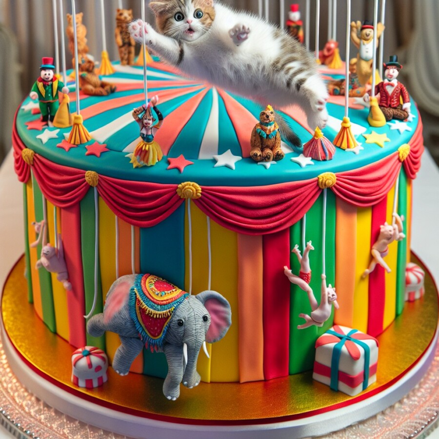 Silly Sally's interactive circus cake, complete with a mischievous kitten, wins The Great Cake Contest.