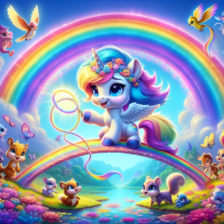 Stella the unicorn uses her magical rainbow to spread happiness and love to all creatures.