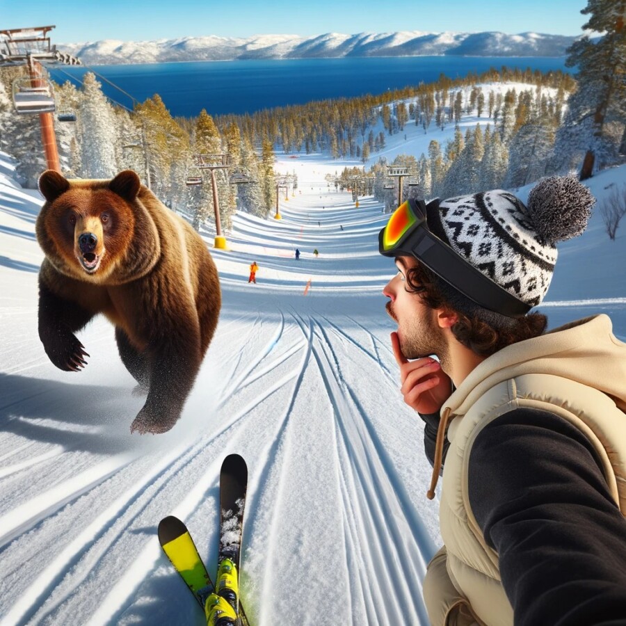 Skier narrowly avoids collision with bear on Lake Tahoe slopes, reminding us to respect wildlife.