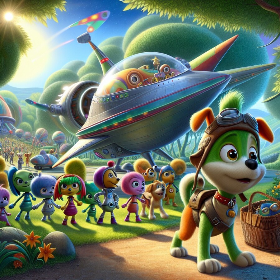 Sparky the adventurous dog helps friendly aliens find a rare space plant and embarks on a thrilling space adventure.