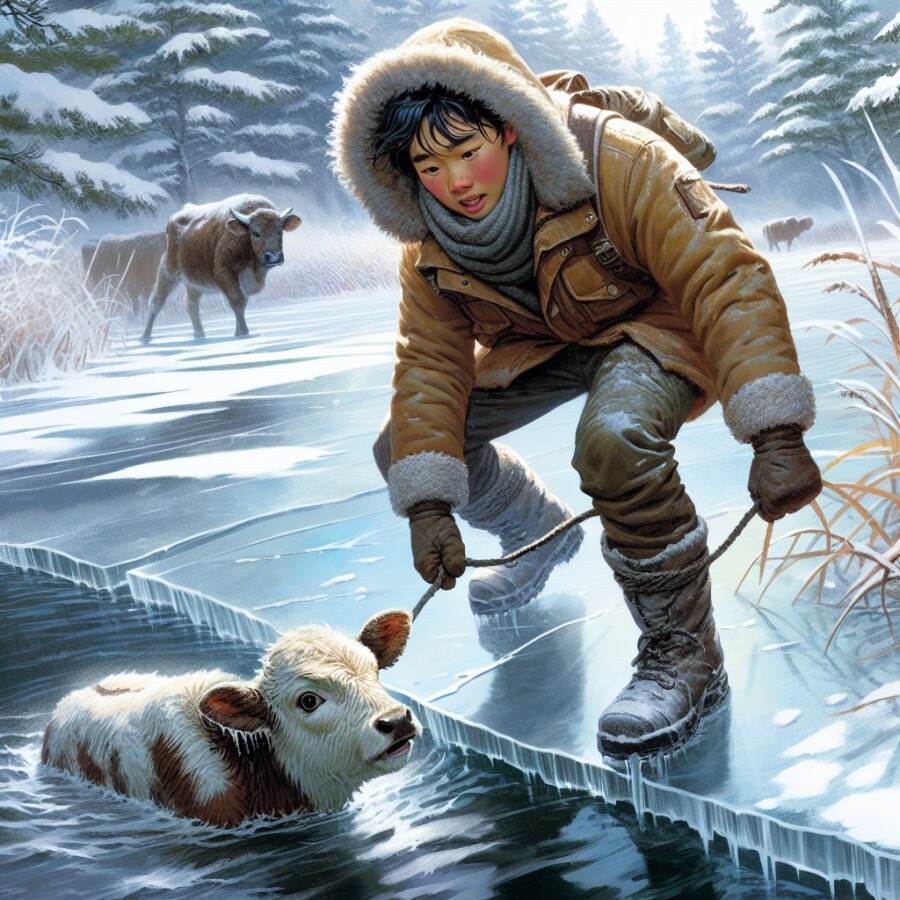 Teenager Oliver Reyes risks his own safety to rescue a calf named Wynonna from a frozen pond, showcasing the power of compassion.