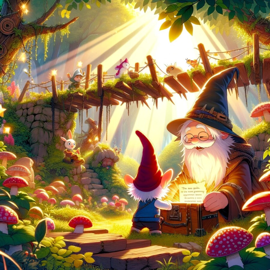 A mischievous gnome named Gideon learns the true treasure is kindness and spreads joy to all.