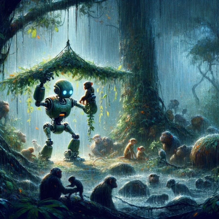 A group of curious animals befriends a lost robot in the rainforest, and together they weather a storm.