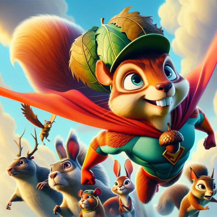 A mischievous squirrel with the power to fly becomes the forest's superhero and saves the day.