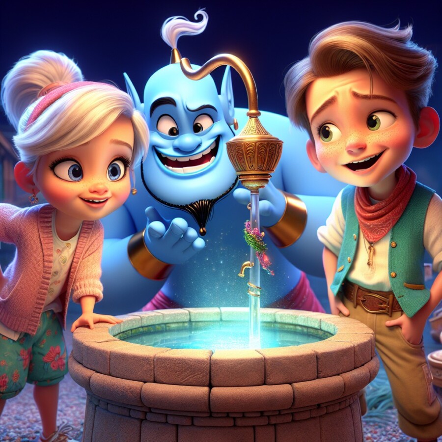 Three children embark on a thrilling adventure to outsmart a mischievous genie and discover the true meaning of happiness.