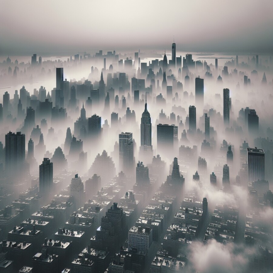 Dense fog in New York City creates surreal floating cityscape, disrupting travel but captivating residents.