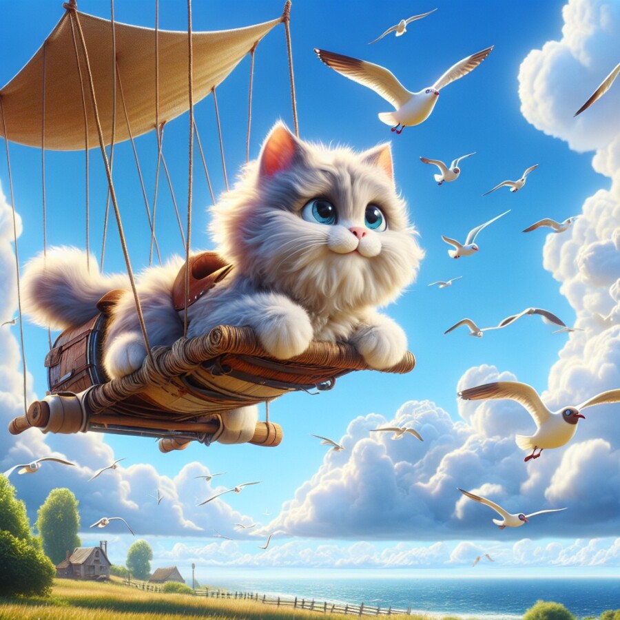 A determined cat named Fluffy builds a flying contraption and learns the importance of seeking guidance.