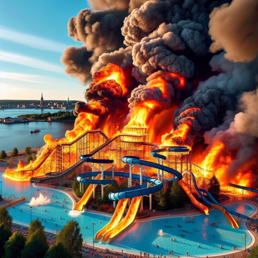 Massive fire engulfs newly built water park in Sweden, causing significant damage and injuring several people.