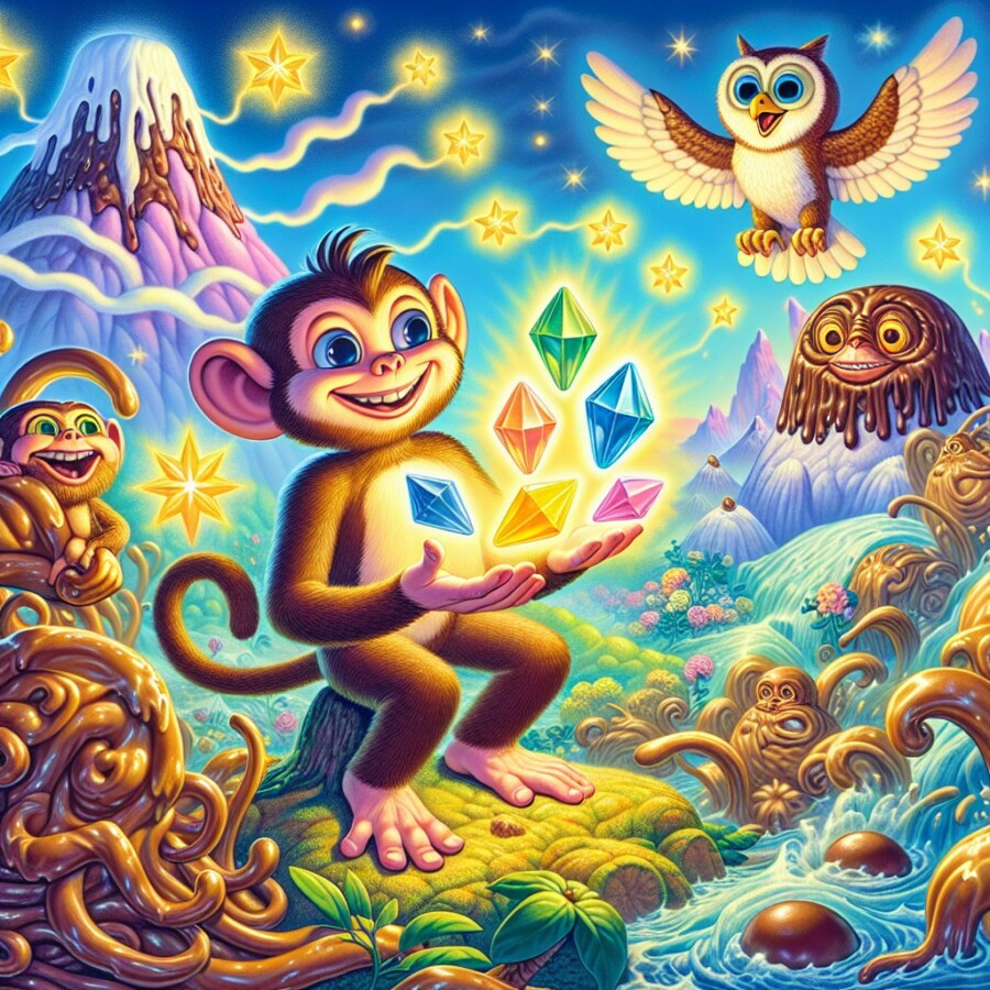 Milo the mischievous monkey discovers a hidden portal to a land of sour bananas and embarks on a quest to find kindness crystals and restore sweetness to the land.