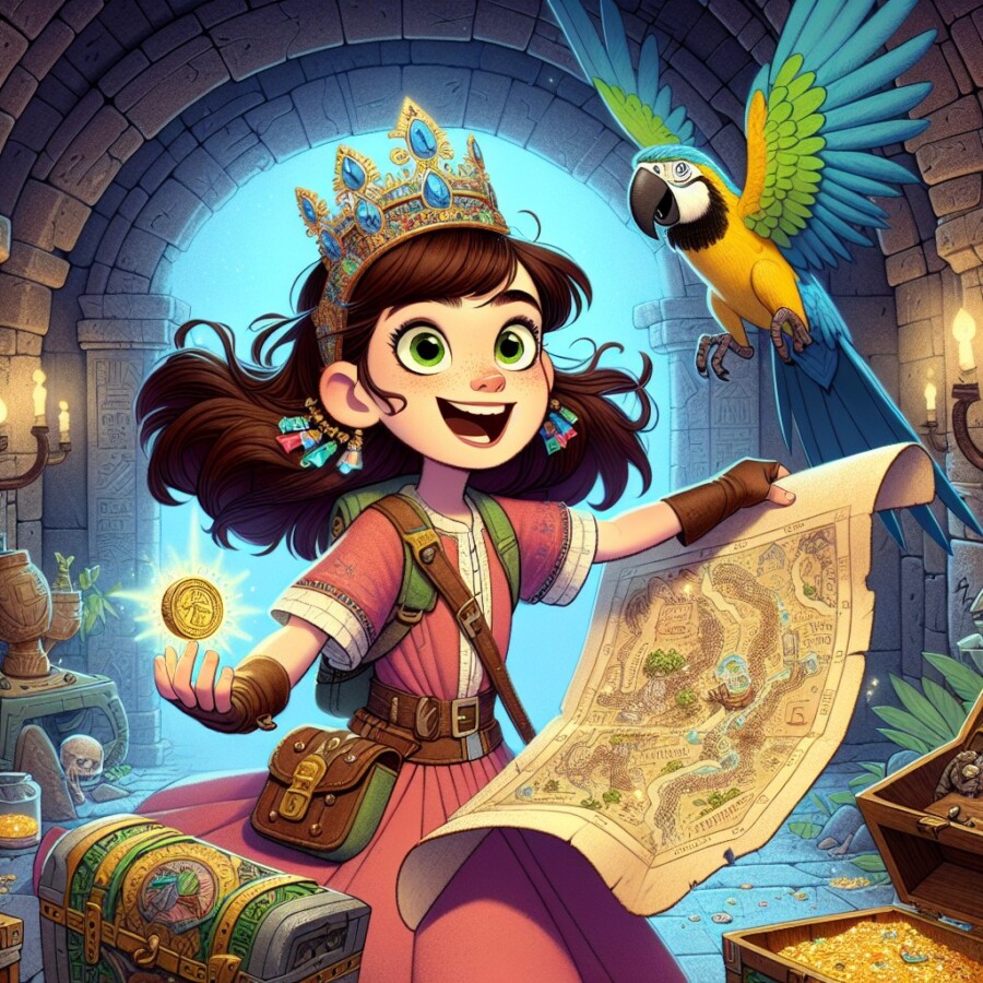 A young princess named Isabella embarks on a quest, armed with a magical crown and a talking parrot, to find an enchanted crystal and discovers that true strength lies within herself.