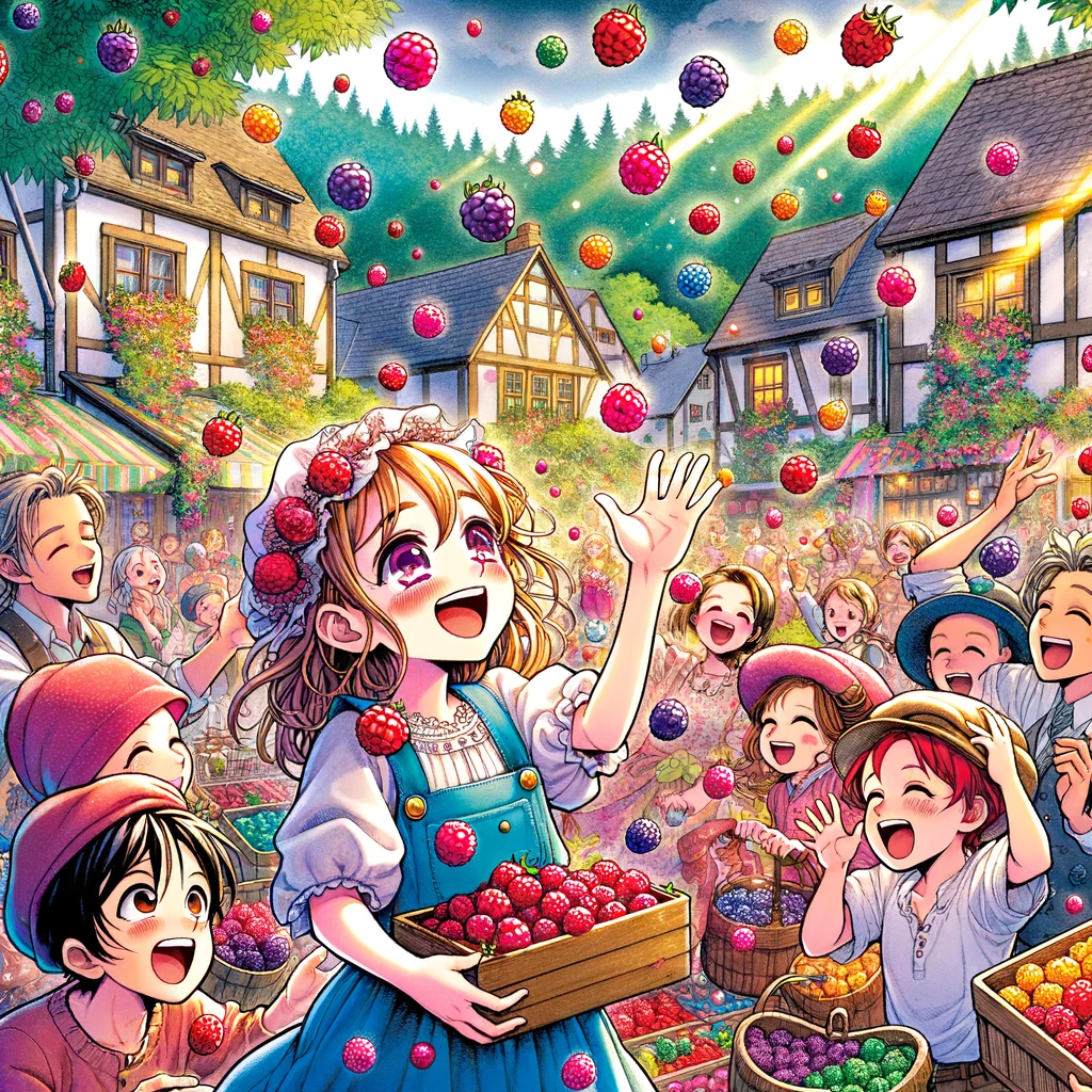 A young girl named Emily discovers a tree that produces rainbow-colored raspberries, bringing joy to her village.