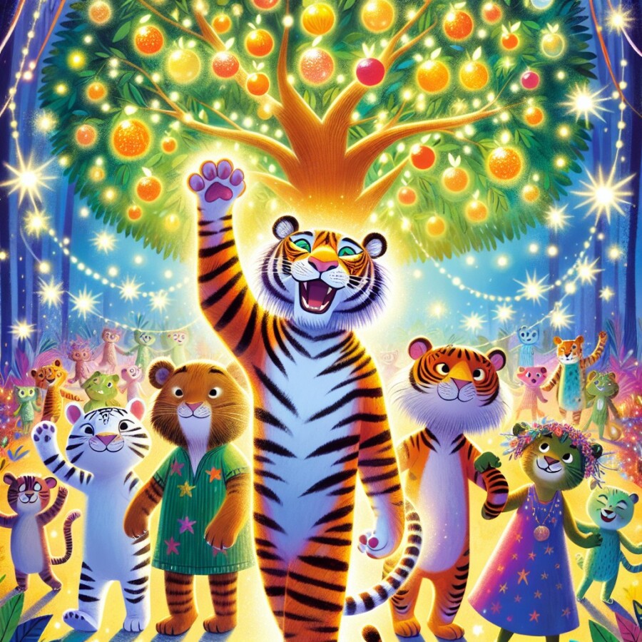 A unique tiger with tangerine stripes leads his animal friends on a quest for a magical fruit, only to discover that true magic lies in friendship and laughter.