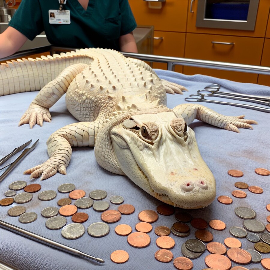 White alligator undergoes successful surgery to remove 70 coins swallowed by visitors at Omaha zoo.