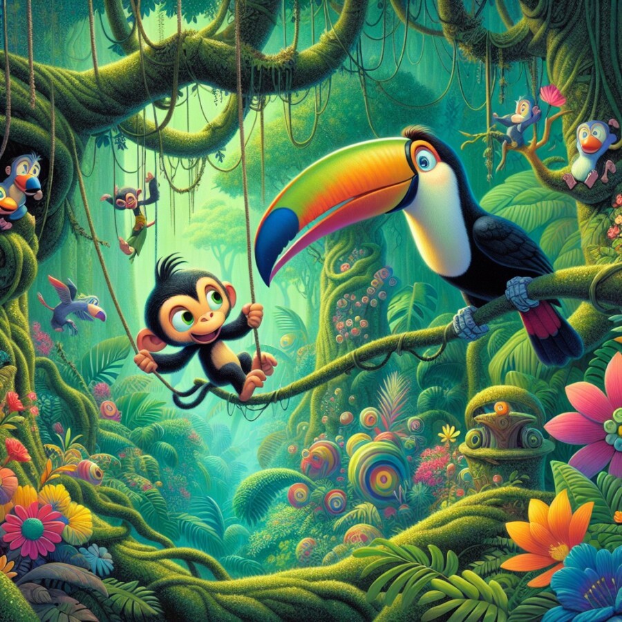 Bobo the mischievous monkey and Toots the colorful toucan befriend a group of squirrels and discover a magical singing waterfall in the Jade Jungle, ultimately learning the power of friendship and laughter.