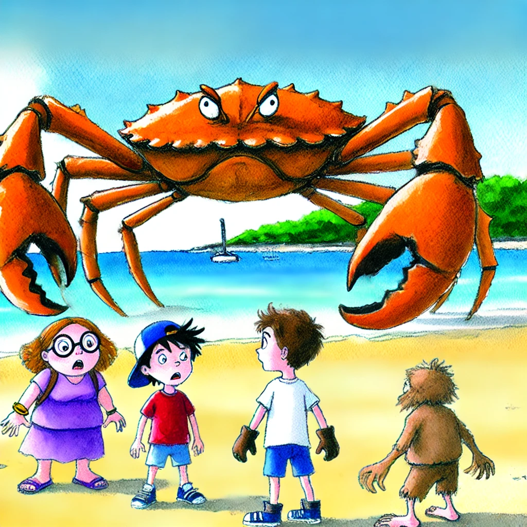 A grumpy crab becomes a friend as three adventurers uncover treasure and laughter together.