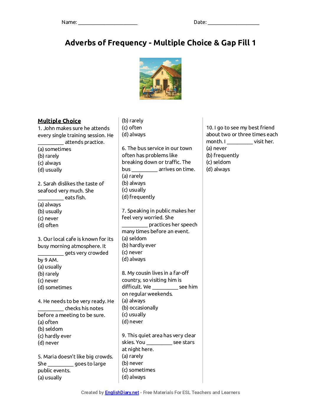 Preview of Adverbs of Frequency - Multiple Choice & Gap Fill 1 Worksheet