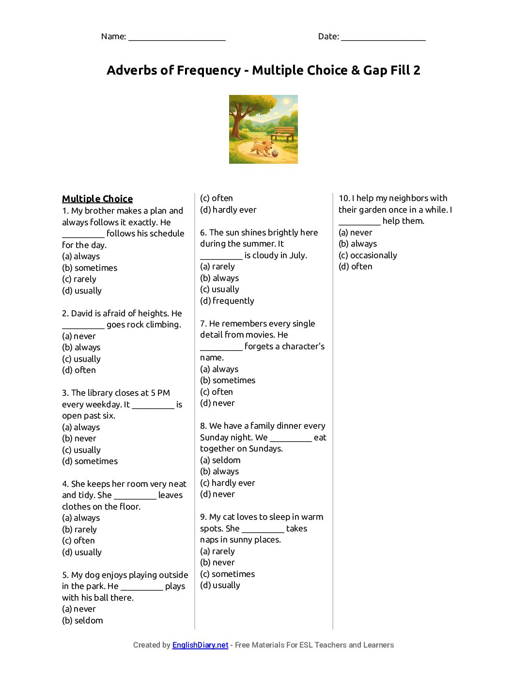 Preview of Adverbs of Frequency - Multiple Choice & Gap Fill 2 Worksheet