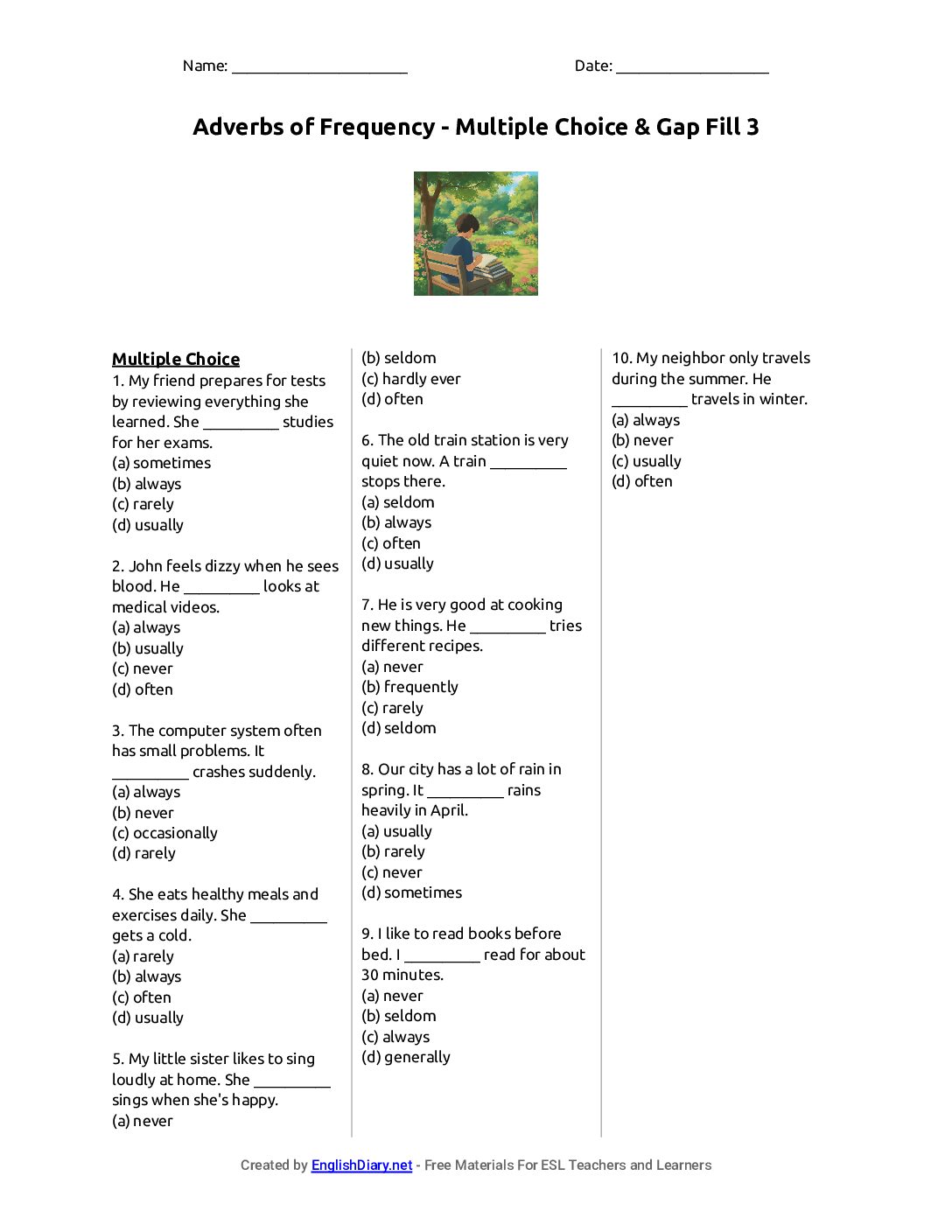 Preview of Adverbs of Frequency - Multiple Choice & Gap Fill 3 Worksheet