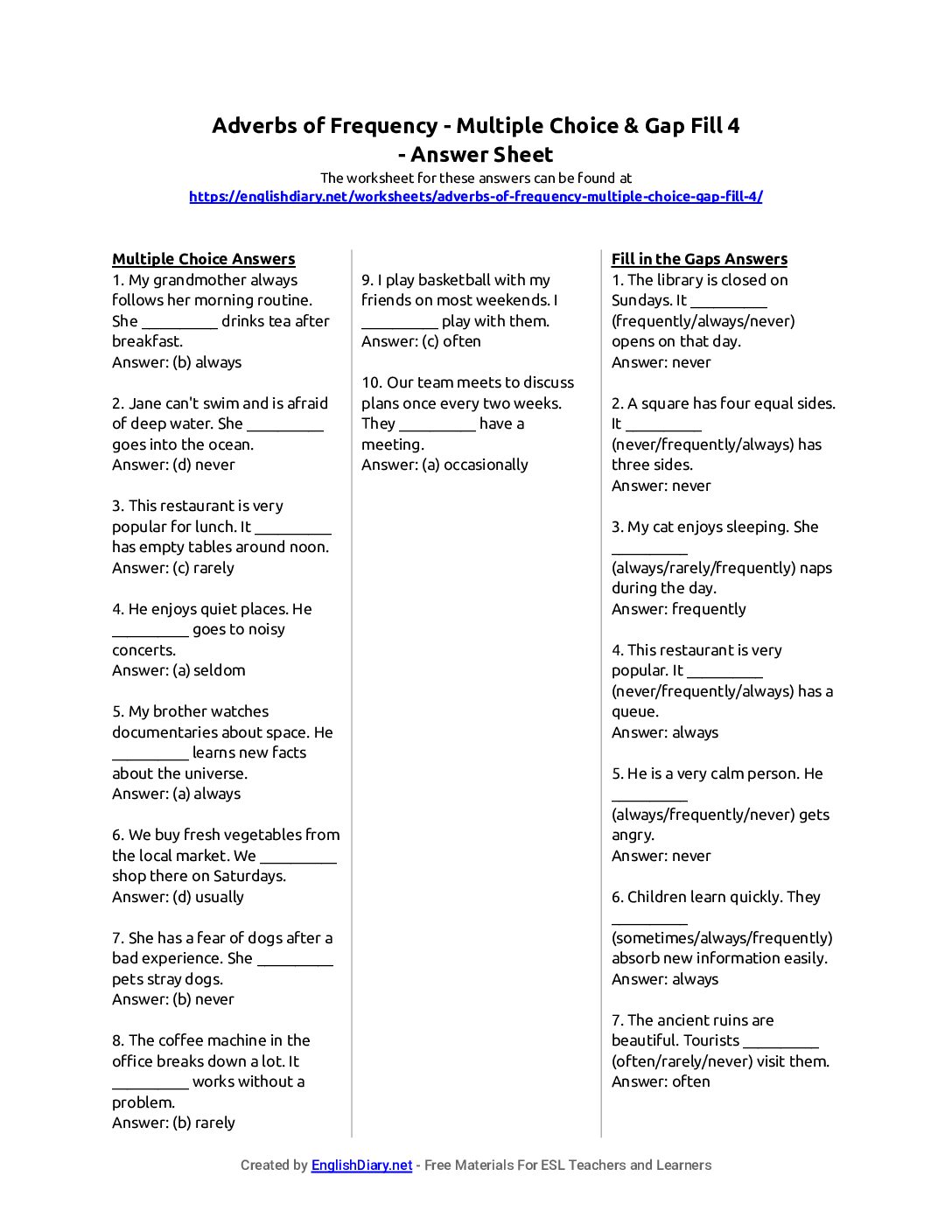 Preview of Adverbs of Frequency - Multiple Choice & Gap Fill 4 Answer Sheet