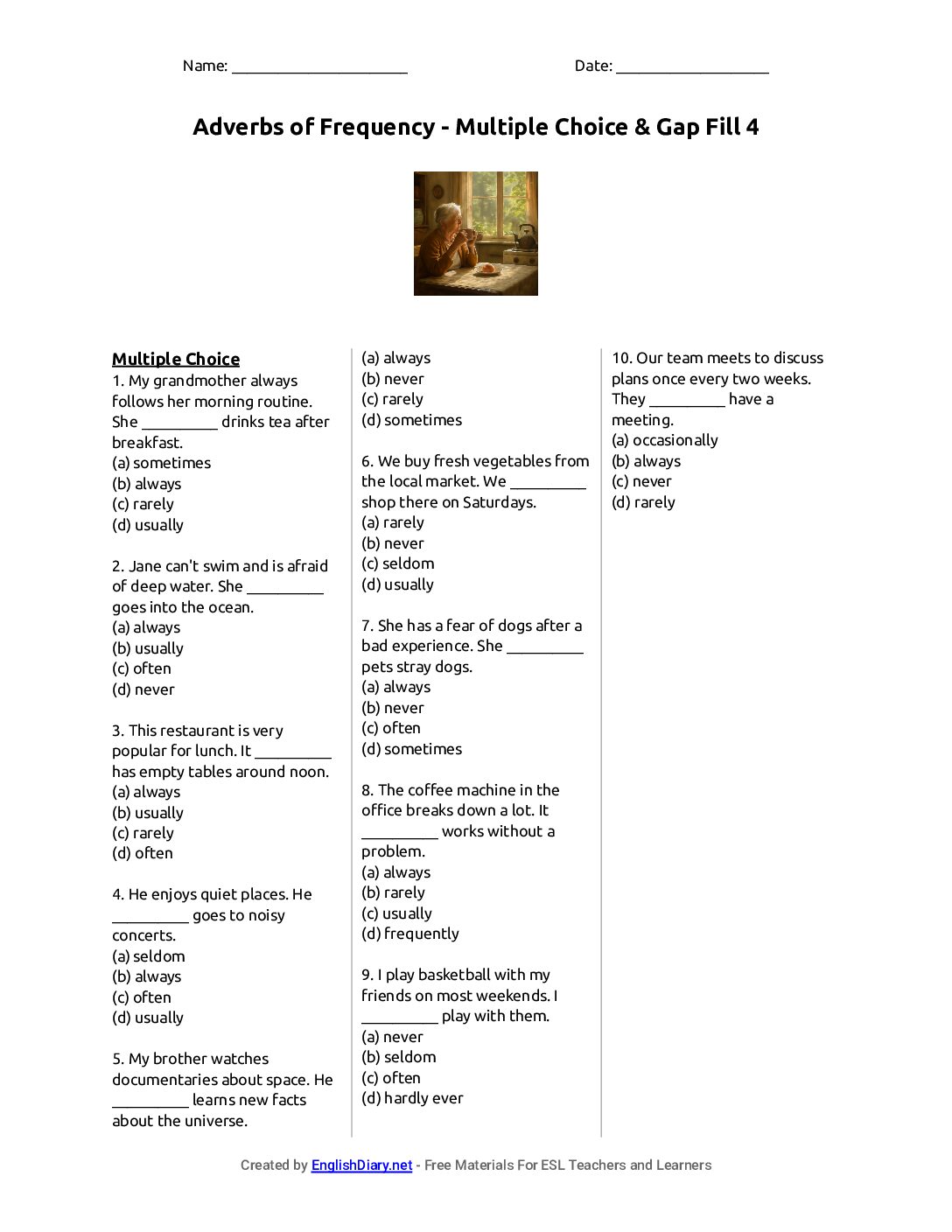 Preview of Adverbs of Frequency - Multiple Choice & Gap Fill 4 Worksheet