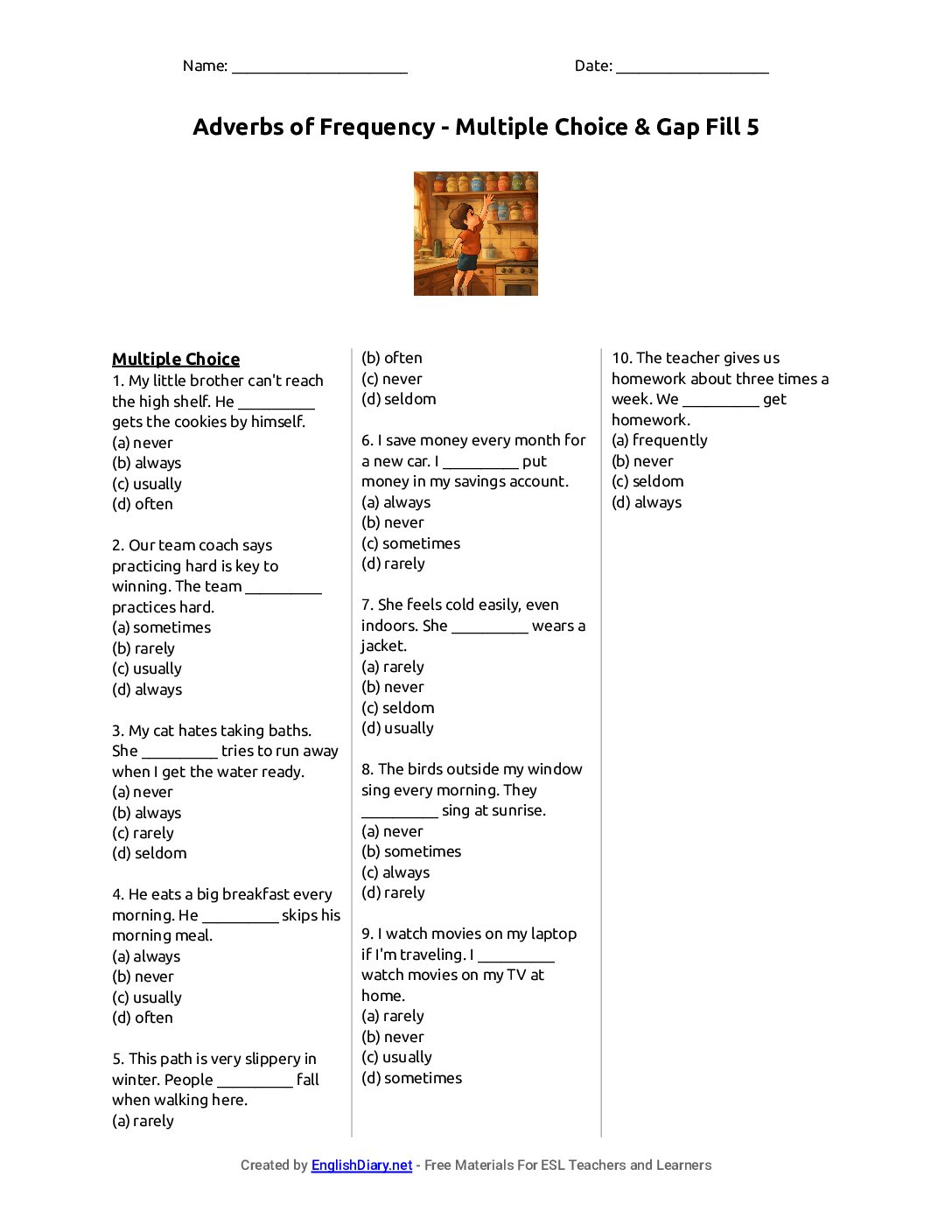 Preview of Adverbs of Frequency - Multiple Choice & Gap Fill 5 Worksheet