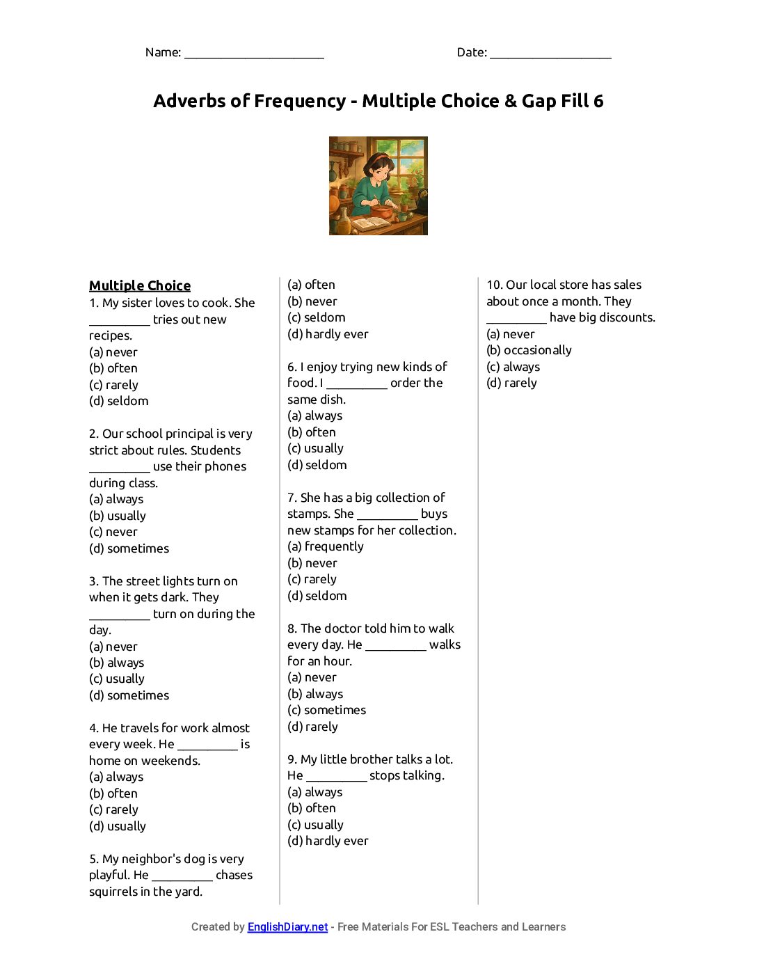 Preview of Adverbs of Frequency - Multiple Choice & Gap Fill 6 Worksheet