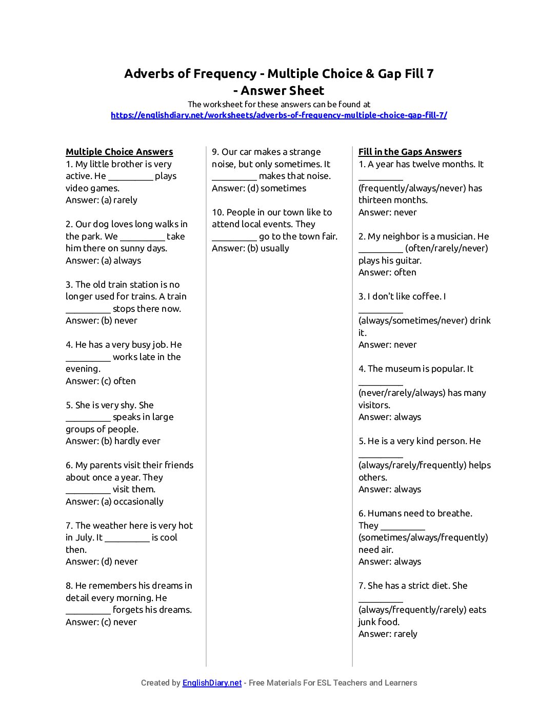 Preview of Adverbs of Frequency - Multiple Choice & Gap Fill 7 Answer Sheet