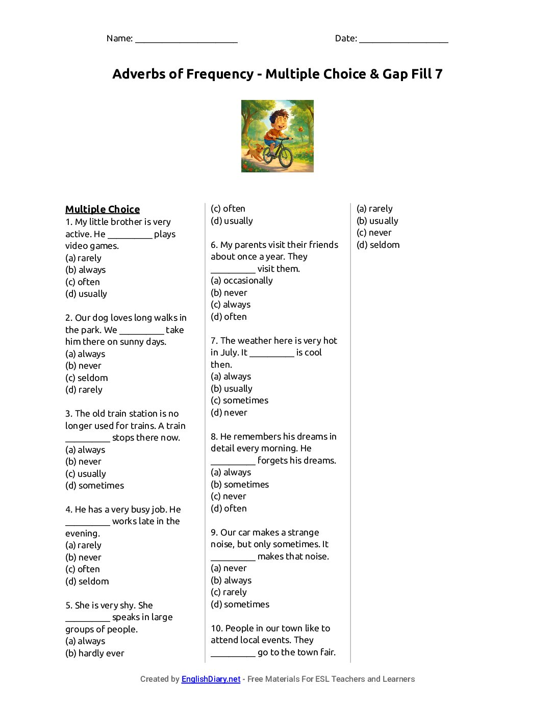 Preview of Adverbs of Frequency - Multiple Choice & Gap Fill 7 Worksheet