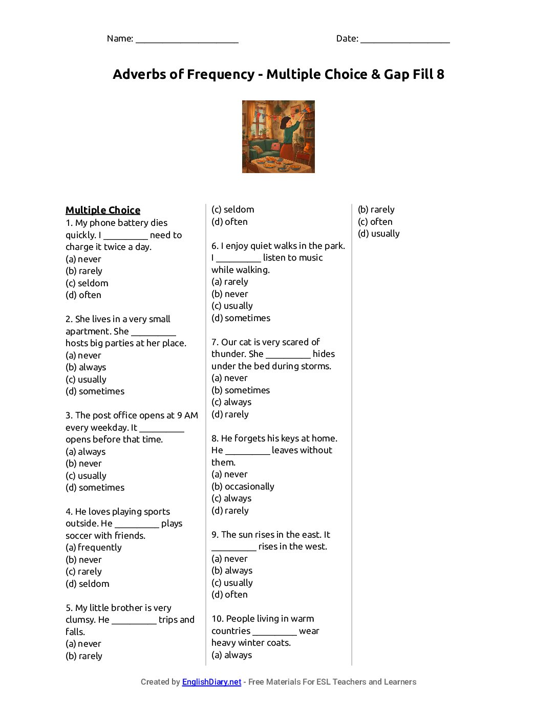 Preview of Adverbs of Frequency - Multiple Choice & Gap Fill 8 Worksheet