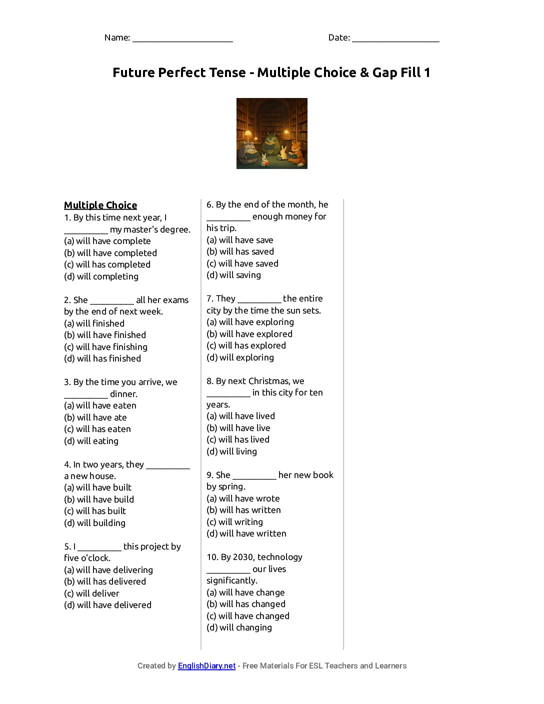 Preview of Future Perfect Tense - Multiple Choice & Gap Fill 1 Worksheet