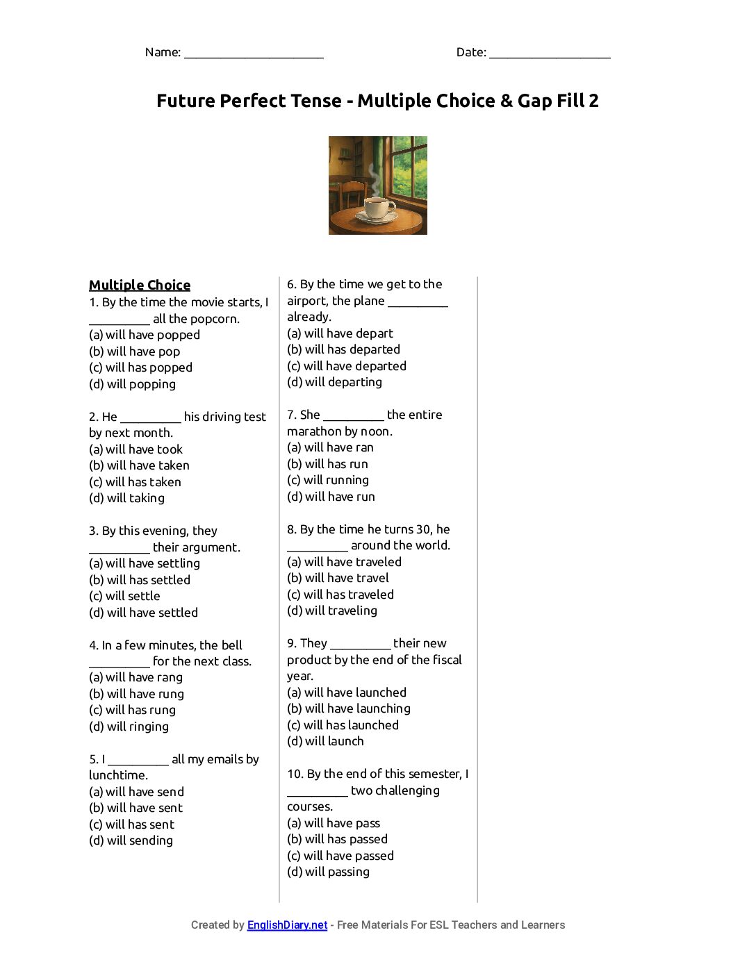 Preview of Future Perfect Tense - Multiple Choice & Gap Fill 2 Worksheet