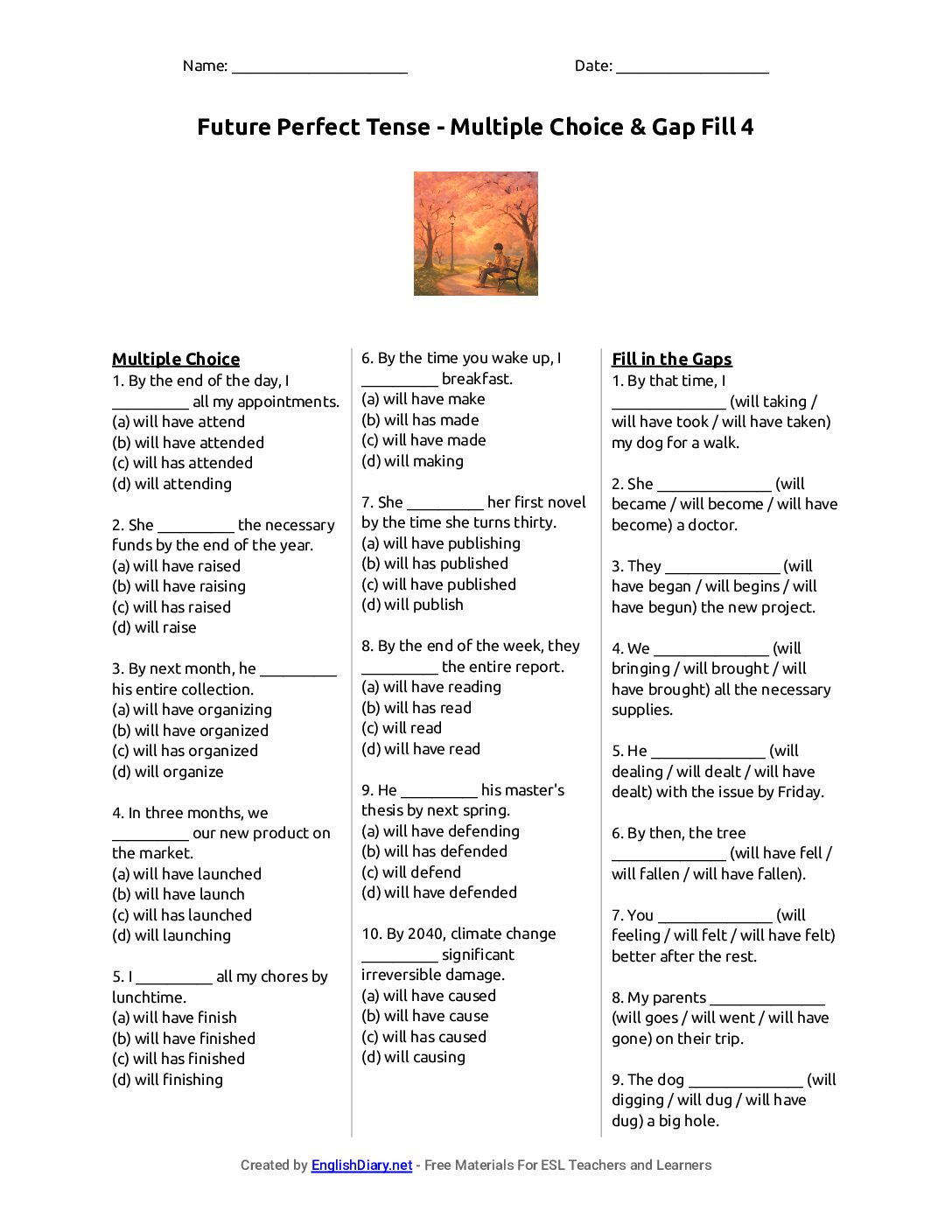 Preview of Future Perfect Tense - Multiple Choice & Gap Fill 4 Worksheet