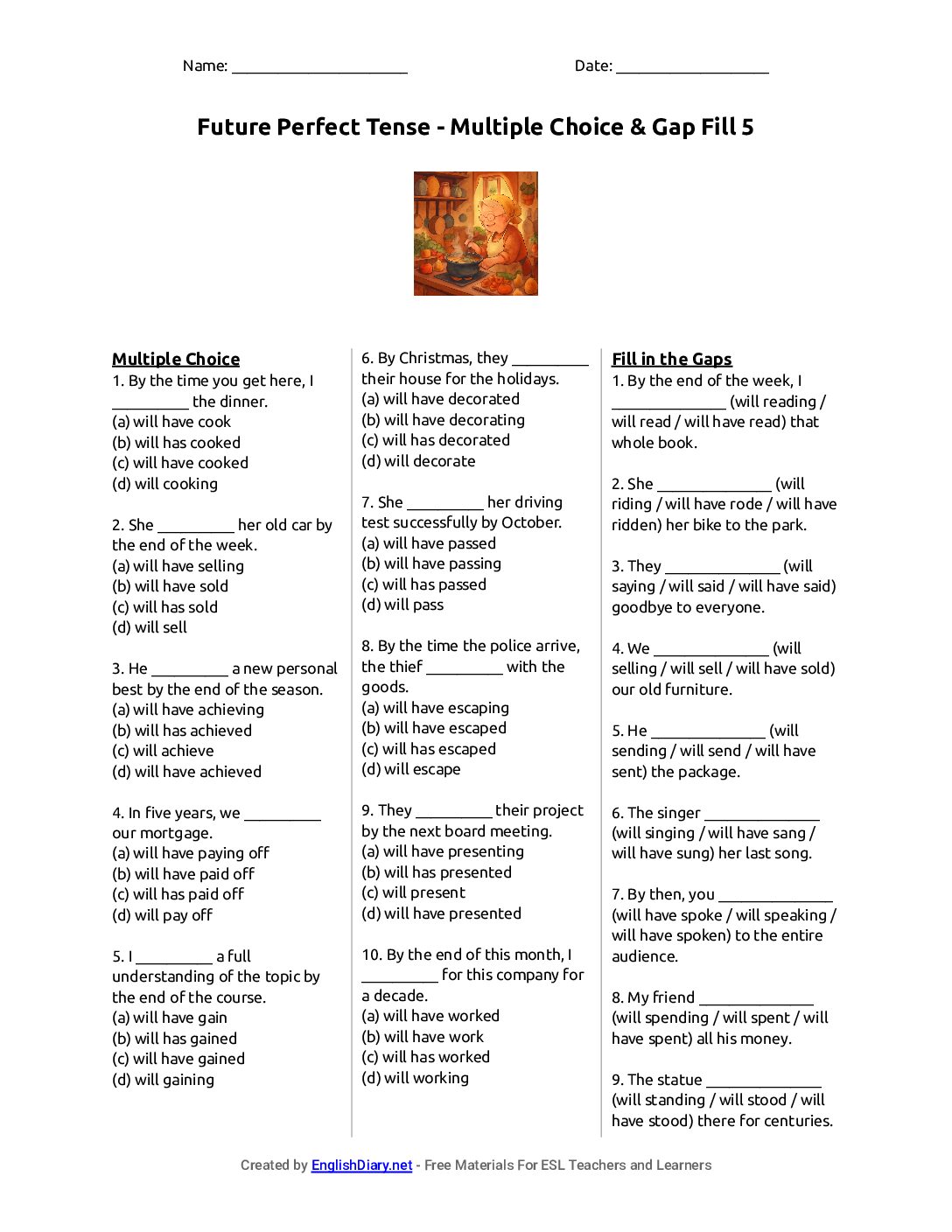 Preview of Future Perfect Tense - Multiple Choice & Gap Fill 5 Worksheet