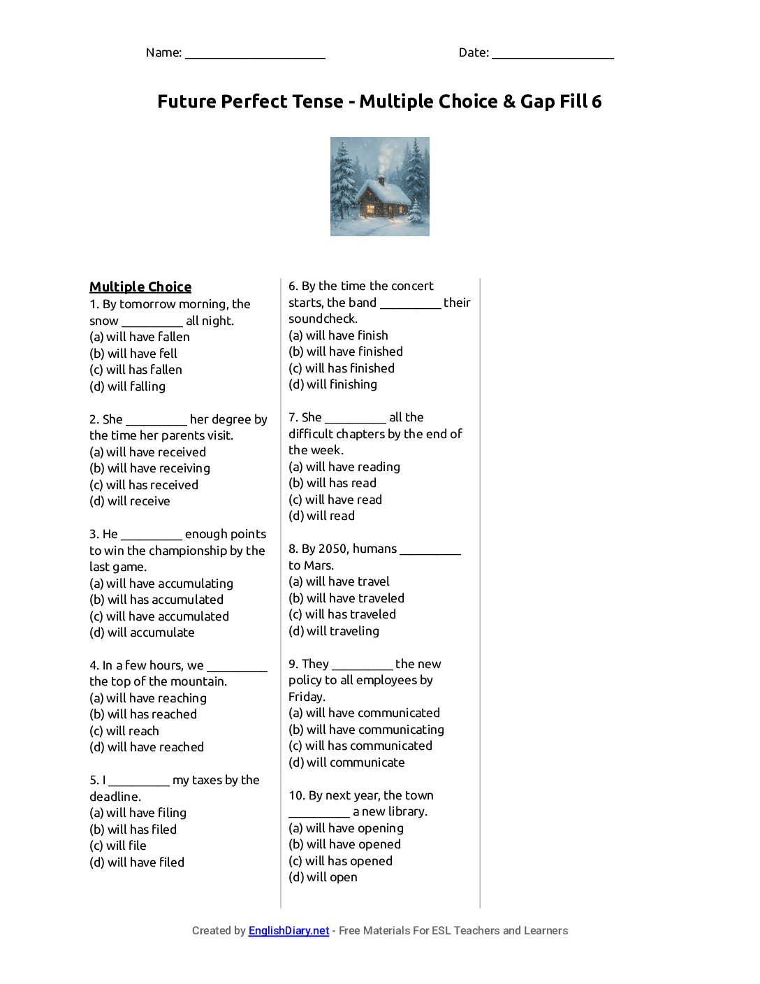 Preview of Future Perfect Tense - Multiple Choice & Gap Fill 6 Worksheet