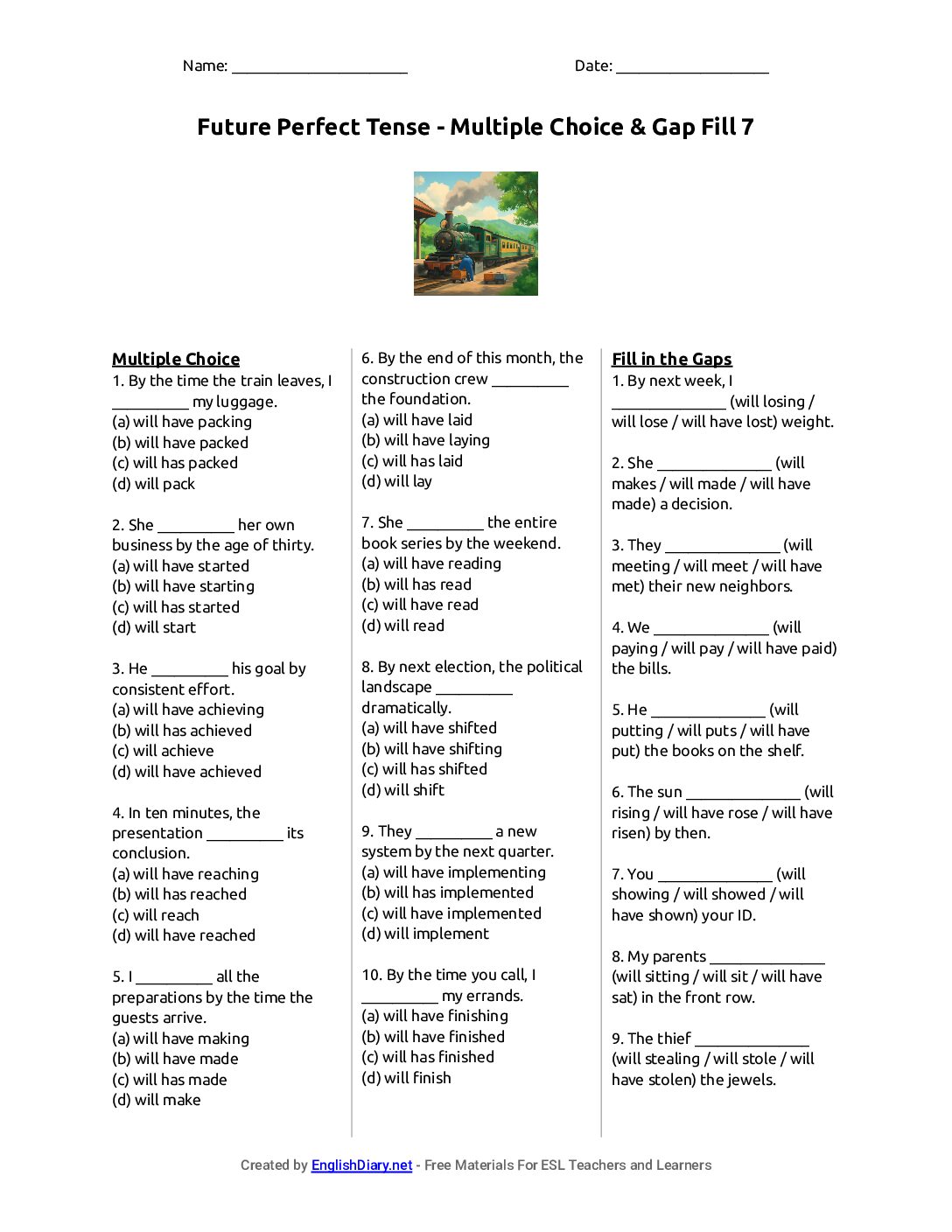 Preview of Future Perfect Tense - Multiple Choice & Gap Fill 7 Worksheet
