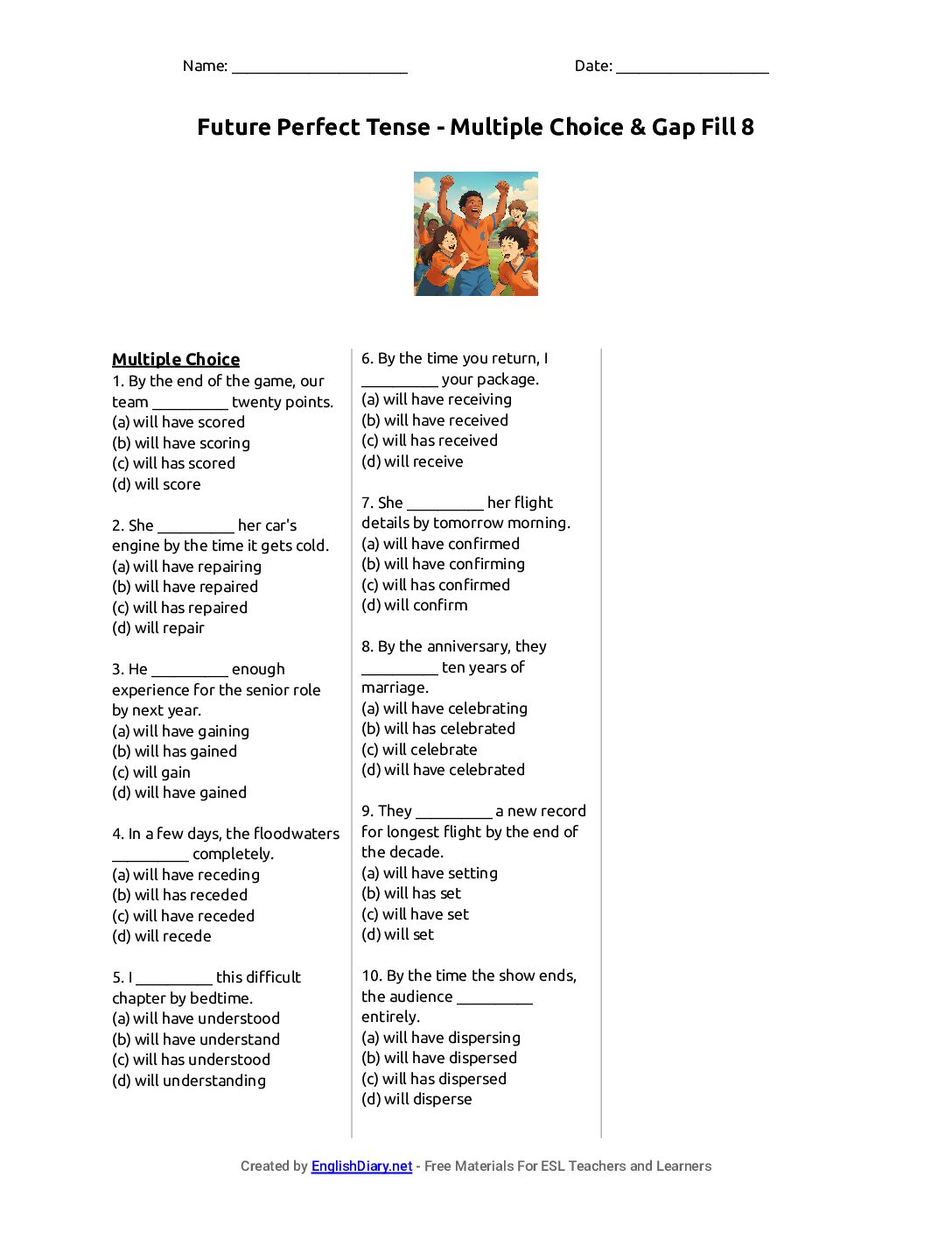 Preview of Future Perfect Tense - Multiple Choice & Gap Fill 8 Worksheet