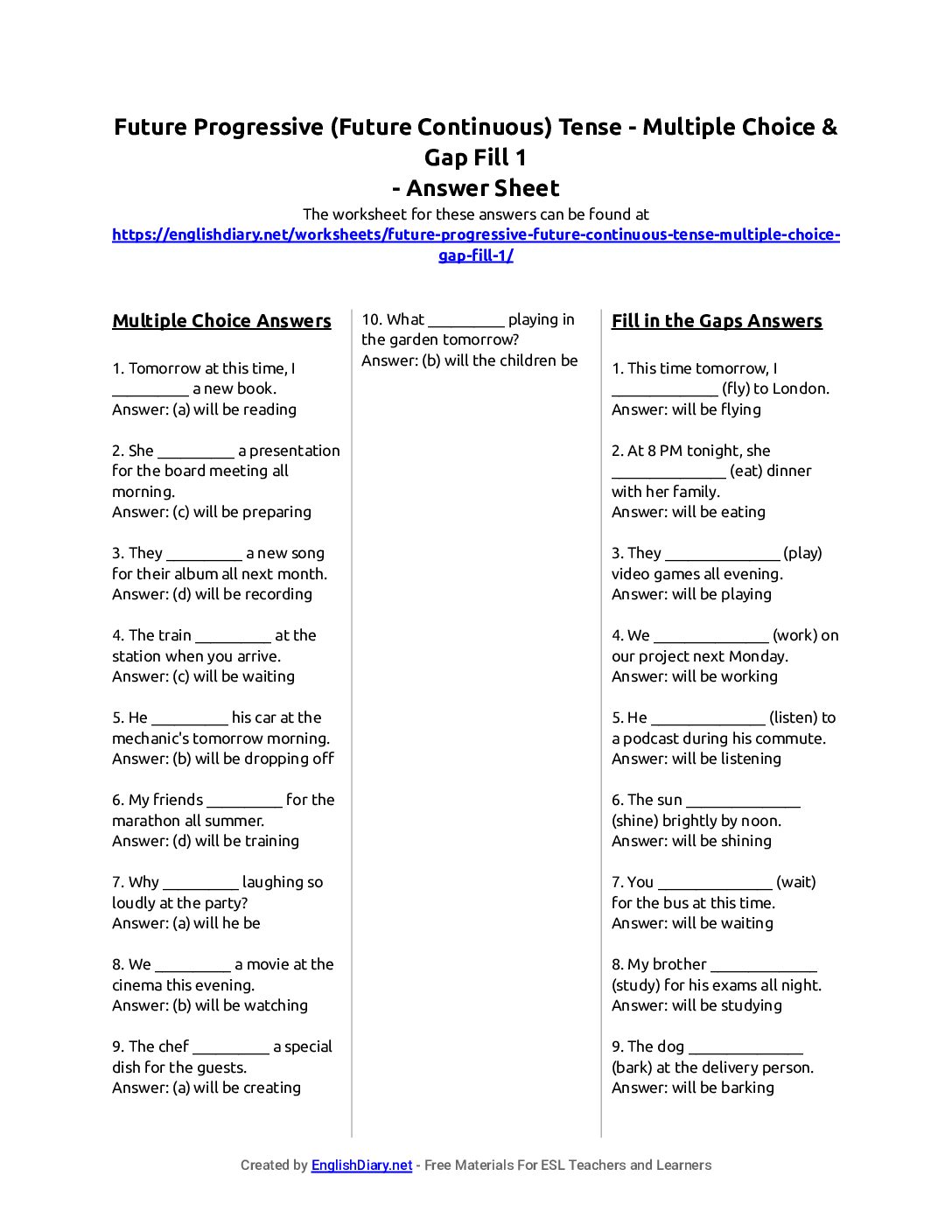Preview of Future Progressive (Future Continuous) Tense - Multiple Choice & Gap Fill 1 Answer Sheet