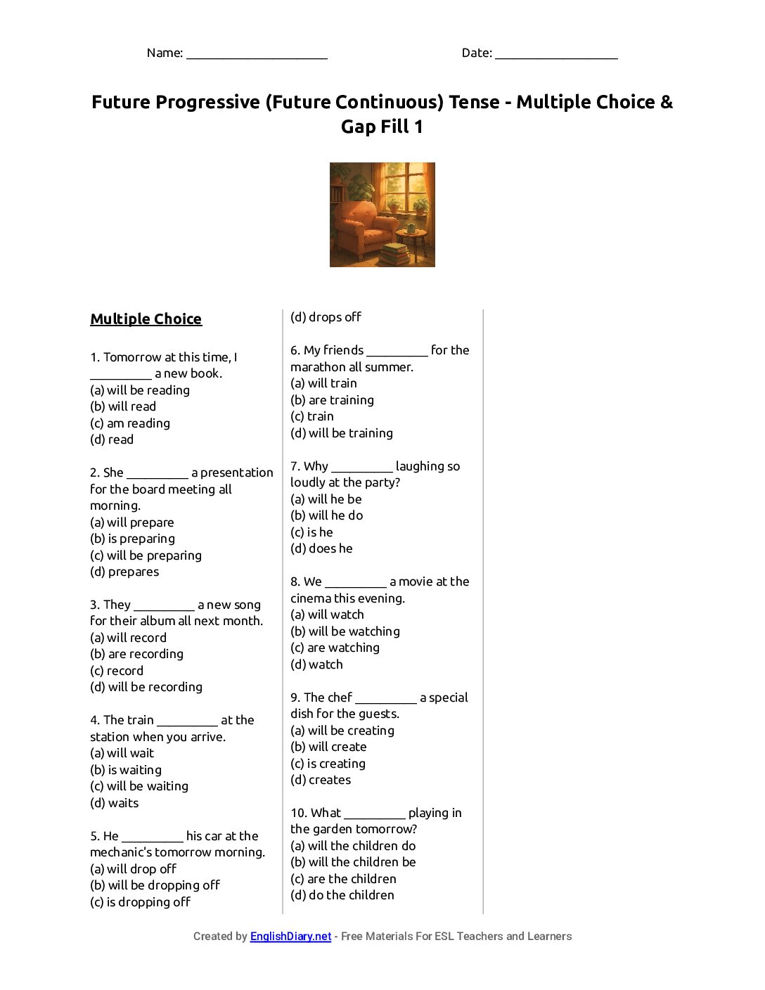 Preview of Future Progressive (Future Continuous) Tense - Multiple Choice & Gap Fill 1 Worksheet