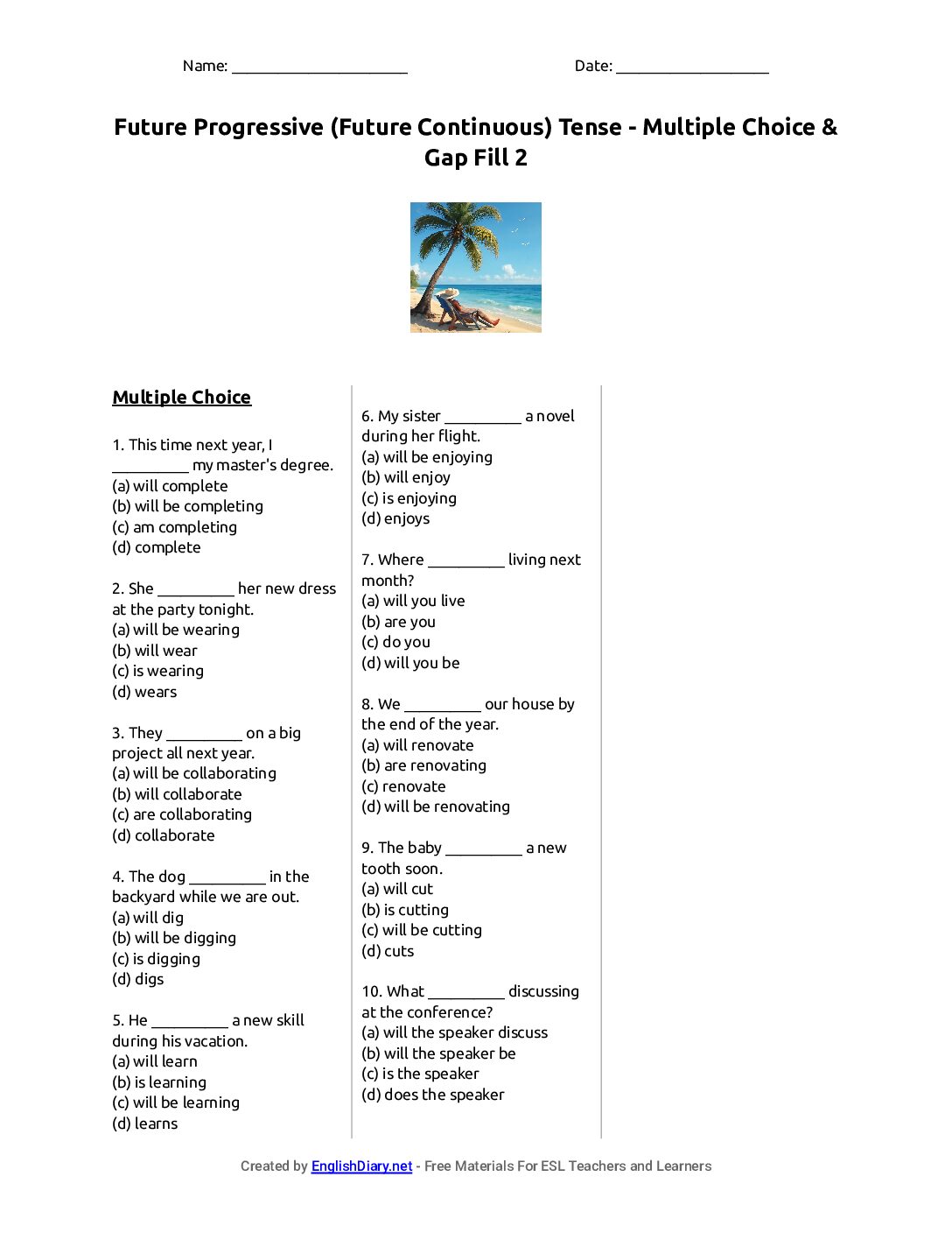 Preview of Future Progressive (Future Continuous) Tense - Multiple Choice & Gap Fill 2 Worksheet