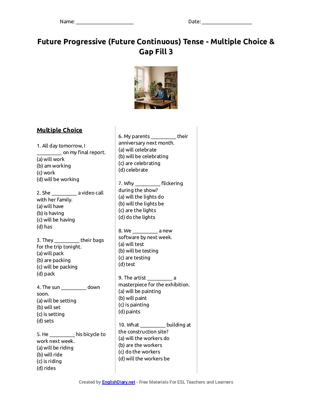 Preview of Future Progressive (Future Continuous) Tense - Multiple Choice & Gap Fill 3 Worksheet