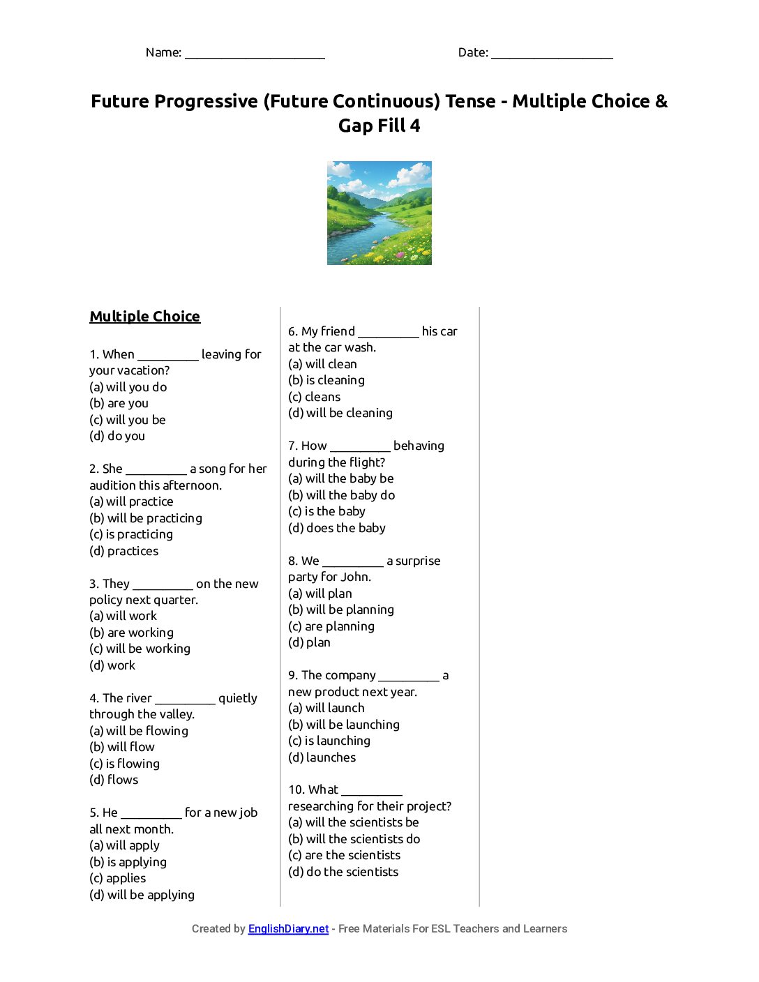 Preview of Future Progressive (Future Continuous) Tense - Multiple Choice & Gap Fill 4 Worksheet