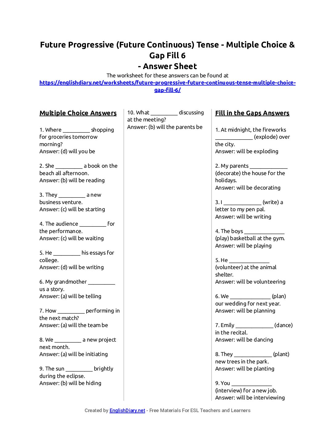 Preview of Future Progressive (Future Continuous) Tense - Multiple Choice & Gap Fill 6 Answer Sheet
