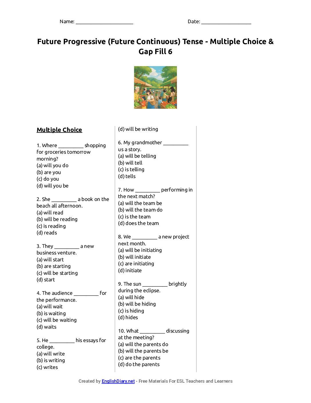 Preview of Future Progressive (Future Continuous) Tense - Multiple Choice & Gap Fill 6 Worksheet