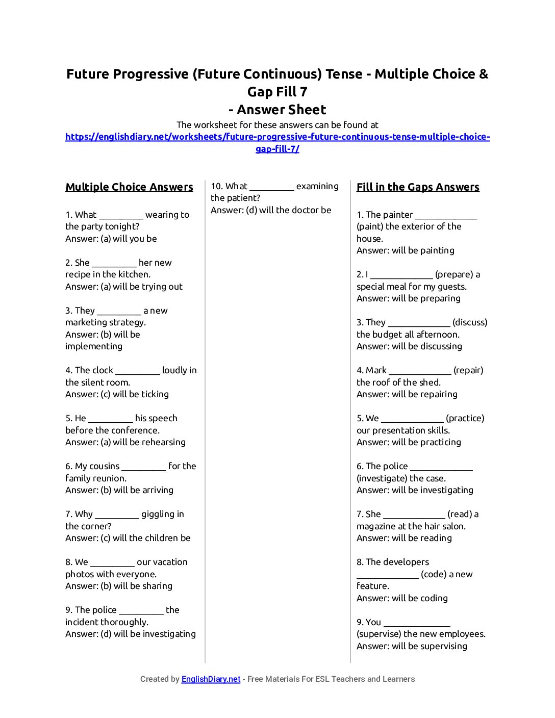 Preview of Future Progressive (Future Continuous) Tense - Multiple Choice & Gap Fill 7 Answer Sheet