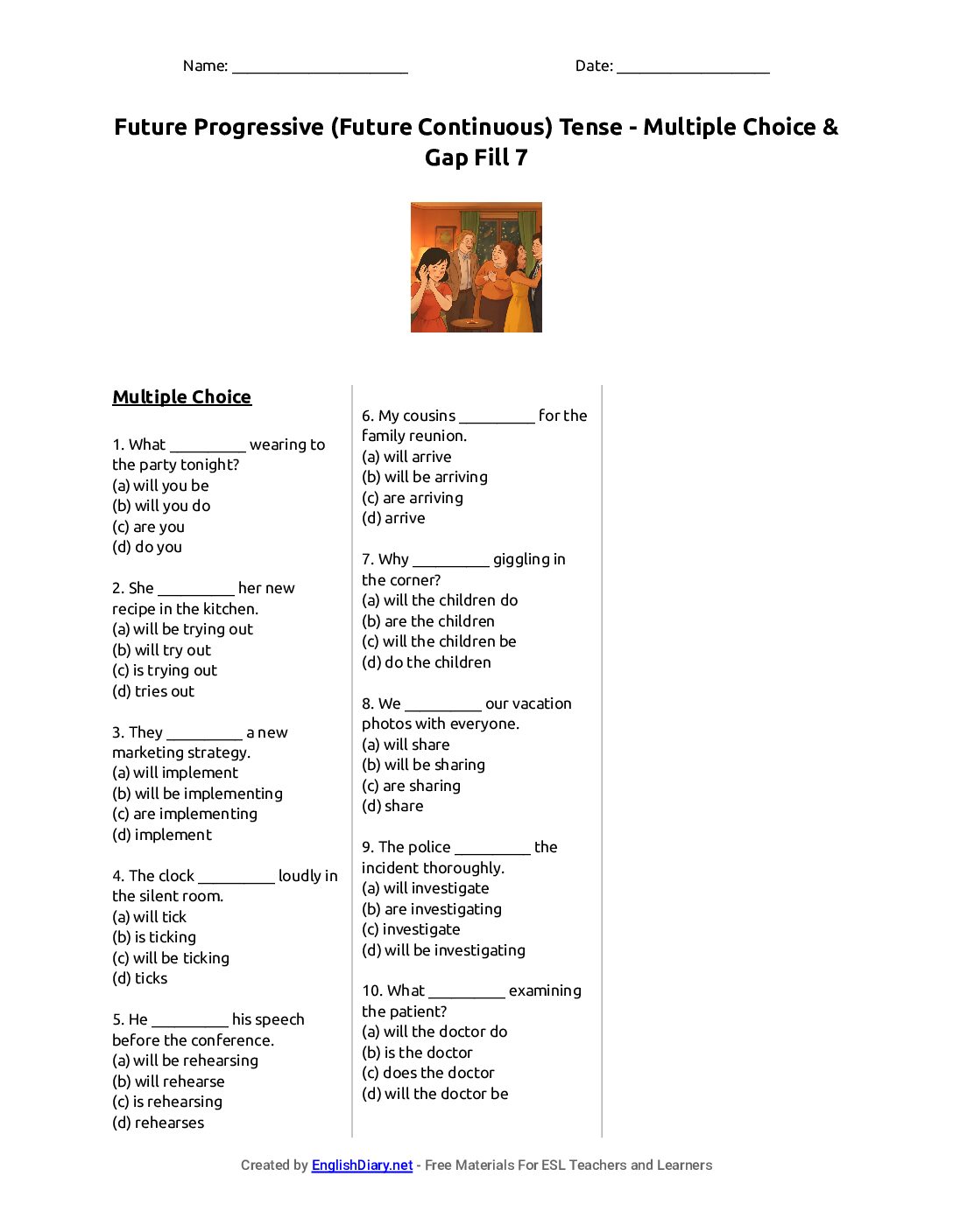Preview of Future Progressive (Future Continuous) Tense - Multiple Choice & Gap Fill 7 Worksheet