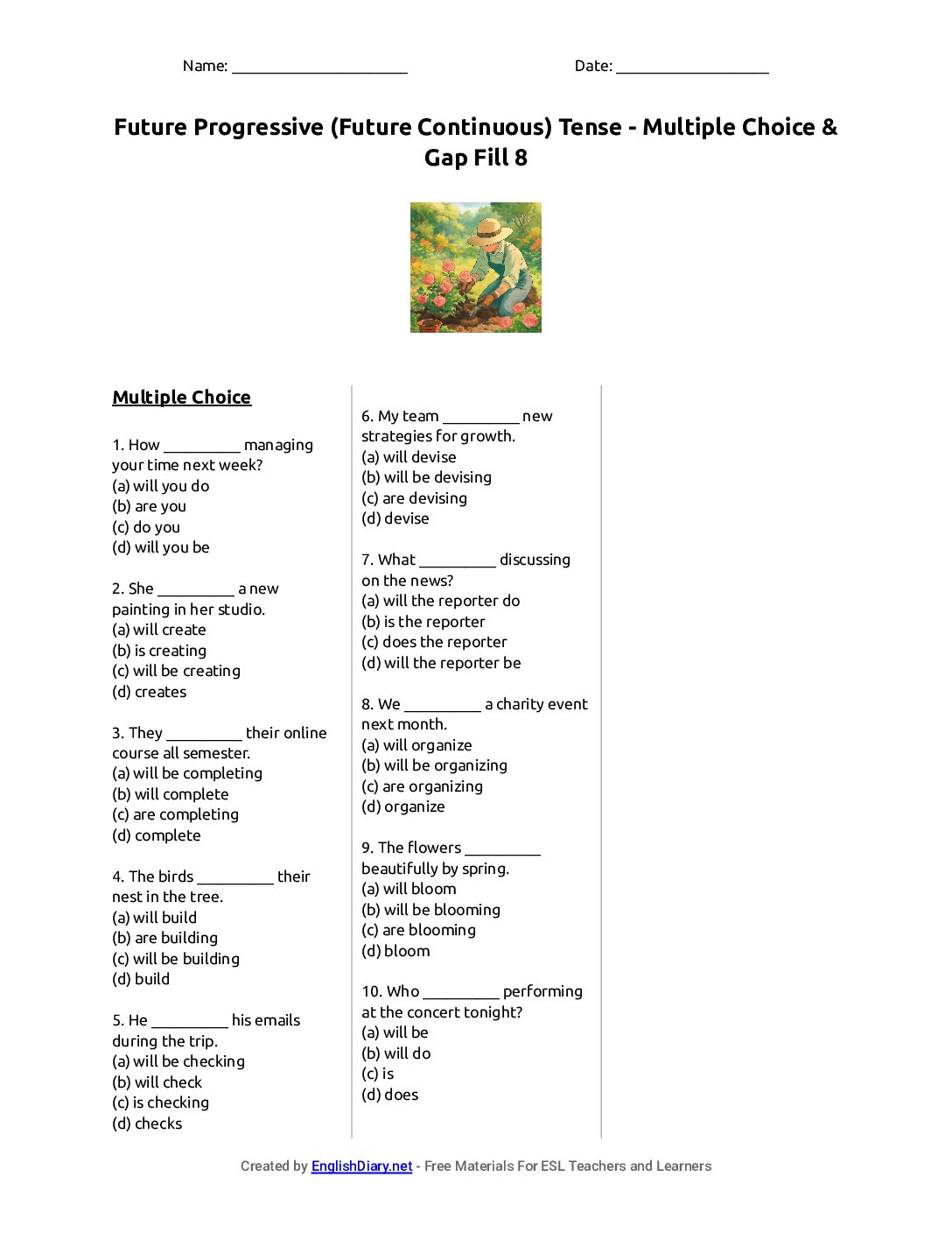 Preview of Future Progressive (Future Continuous) Tense - Multiple Choice & Gap Fill 8 Worksheet