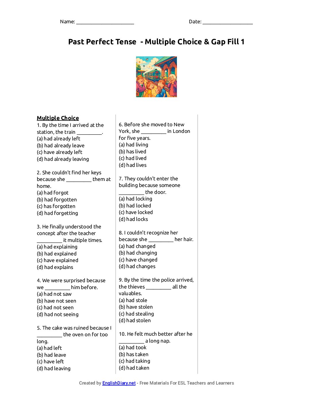 Preview of Past Perfect Tense - Multiple Choice & Gap Fill 1 Worksheet