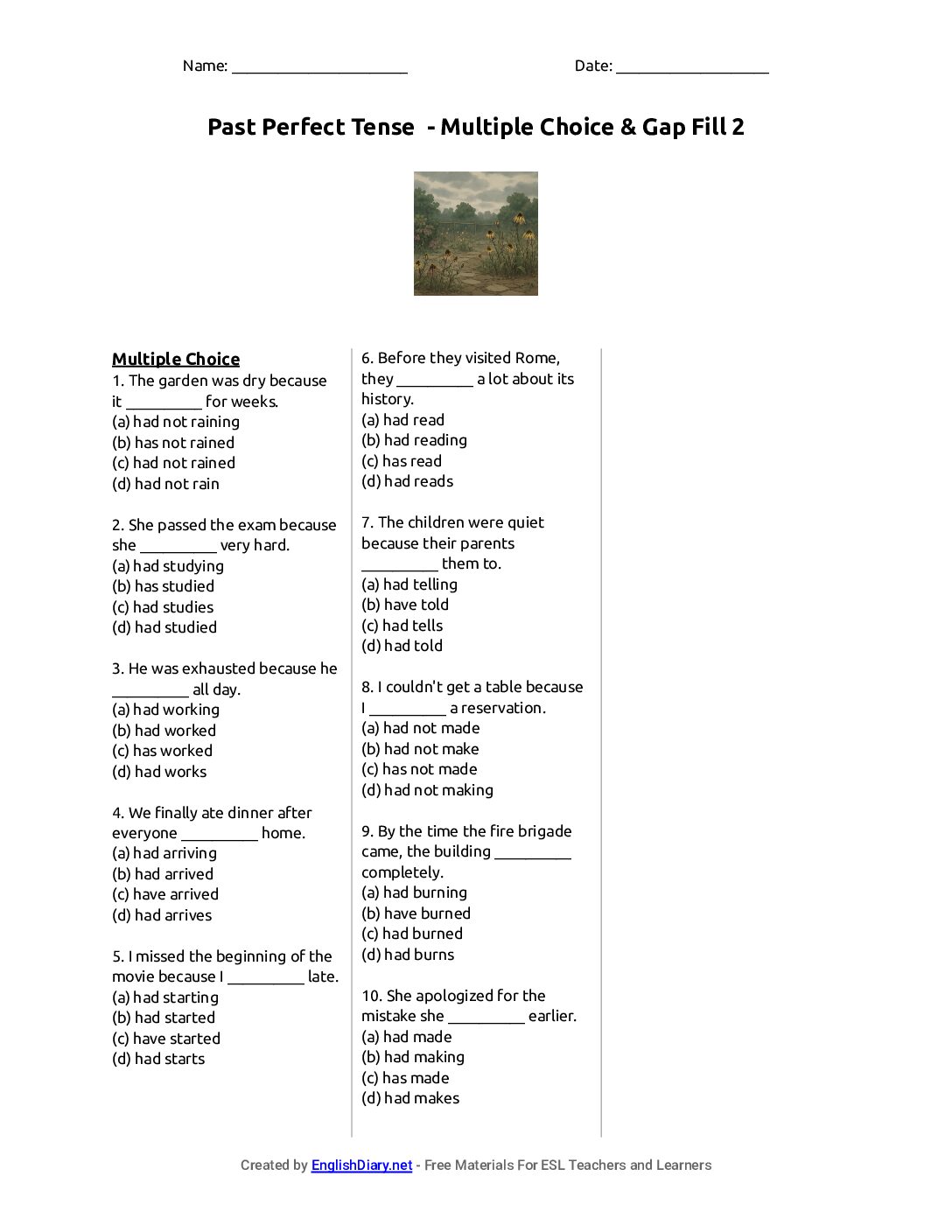 Preview of Past Perfect Tense - Multiple Choice & Gap Fill 2 Worksheet